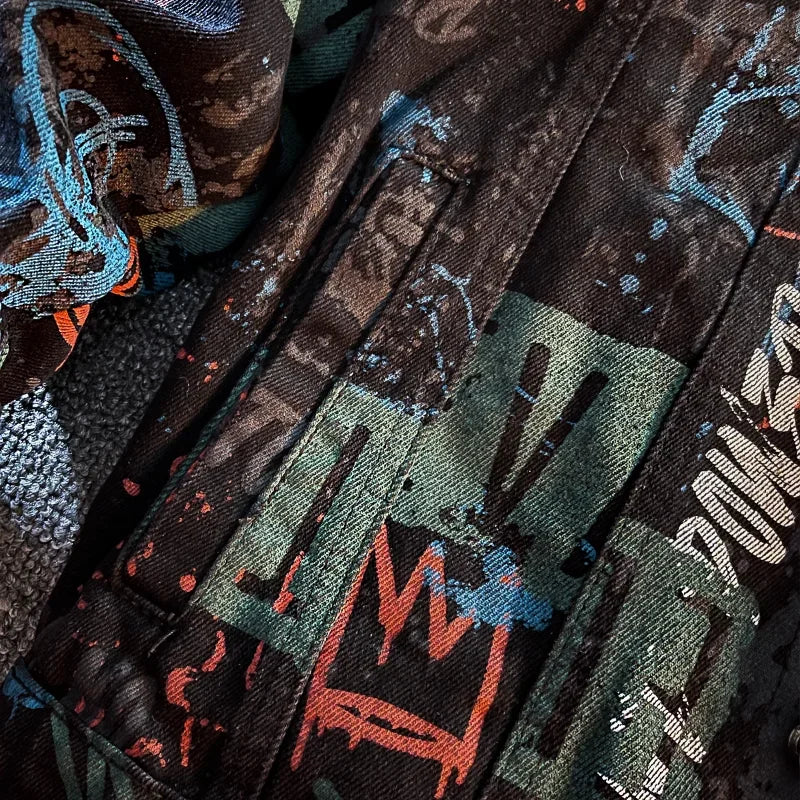 Hip Pop Leter Graffiti Denim Jacket Men's Fashion Spring Punk Wear Korean Kpop Trend Slim Top Unisex Handsome Casual Jeans Coat