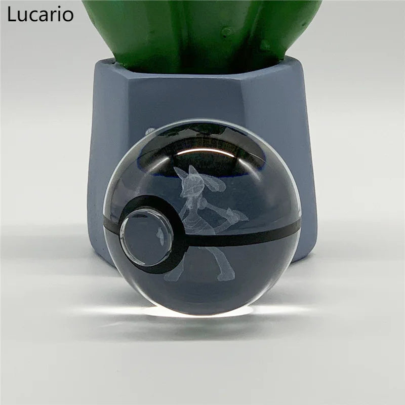 5cm Pokemon 3D Crystal Ball Pikachu Eevee Mewtwo Carving Model LED Color Light Base Children's Gift Fans Toy Birthday Gift