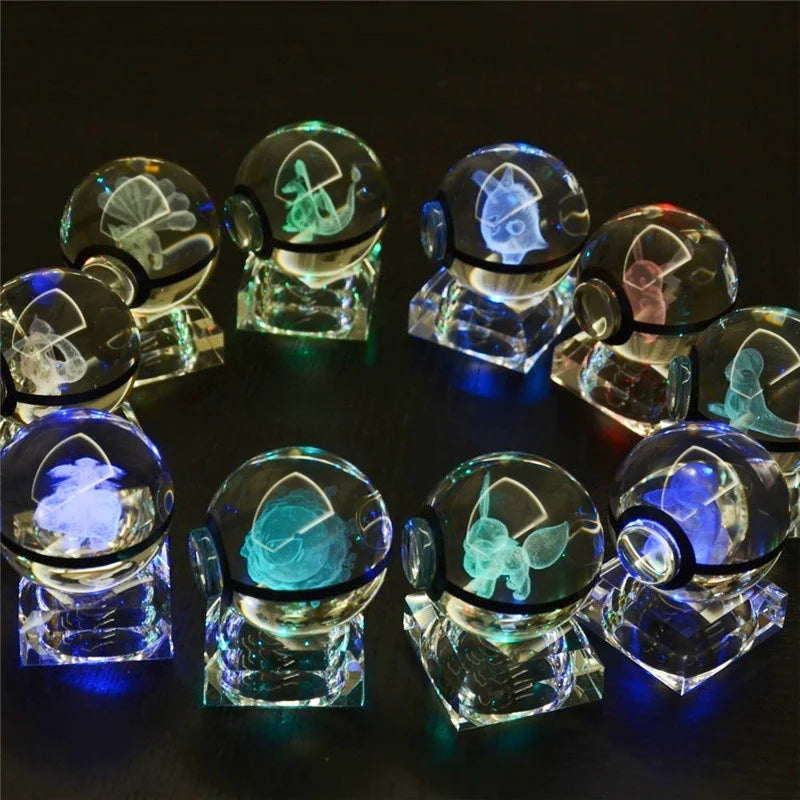 5cm Pokemon 3D Crystal Ball Pikachu Eevee Mewtwo Carving Model LED Color Light Base Children's Gift Fans Toy Birthday Gift