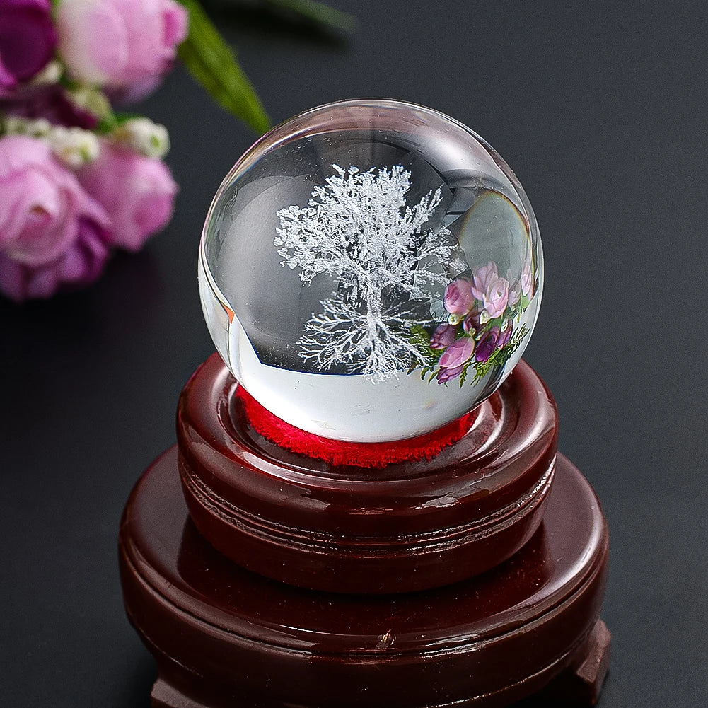 50mm Tree of Life Crystal Ball 3D Laser Engraved Paperweight Yoga Meditation Healing Glass Ball Sphere Globe Home Decor Figurine