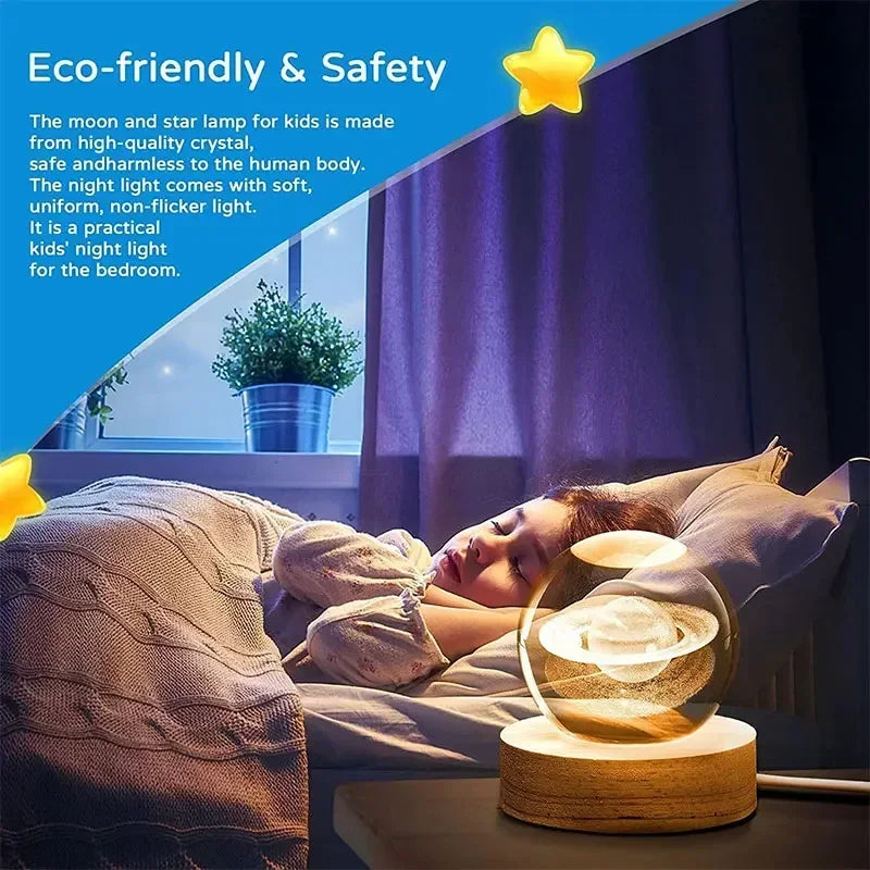 6cm 3D Crystal Ball Glass Ball Planet Earth Wooden Base Solar System Galaxy Astronomy Birthday Gift Home Desktop Decoration