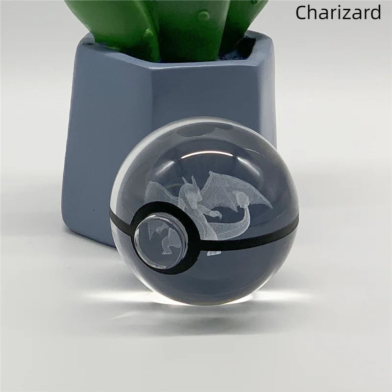 5cm Pokemon 3D Crystal Ball Pikachu Eevee Mewtwo Carving Model LED Color Light Base Children's Gift Fans Toy Birthday Gift