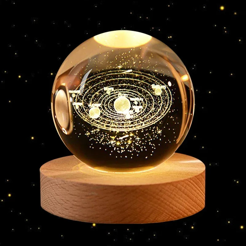 6cm 3D Crystal Ball Glass Ball Planet Earth Wooden Base Solar System Galaxy Astronomy Birthday Gift Home Desktop Decoration