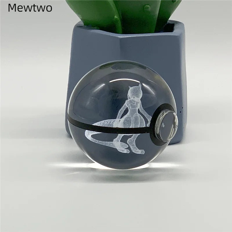 5cm Pokemon 3D Crystal Ball Pikachu Eevee Mewtwo Carving Model LED Color Light Base Children's Gift Fans Toy Birthday Gift