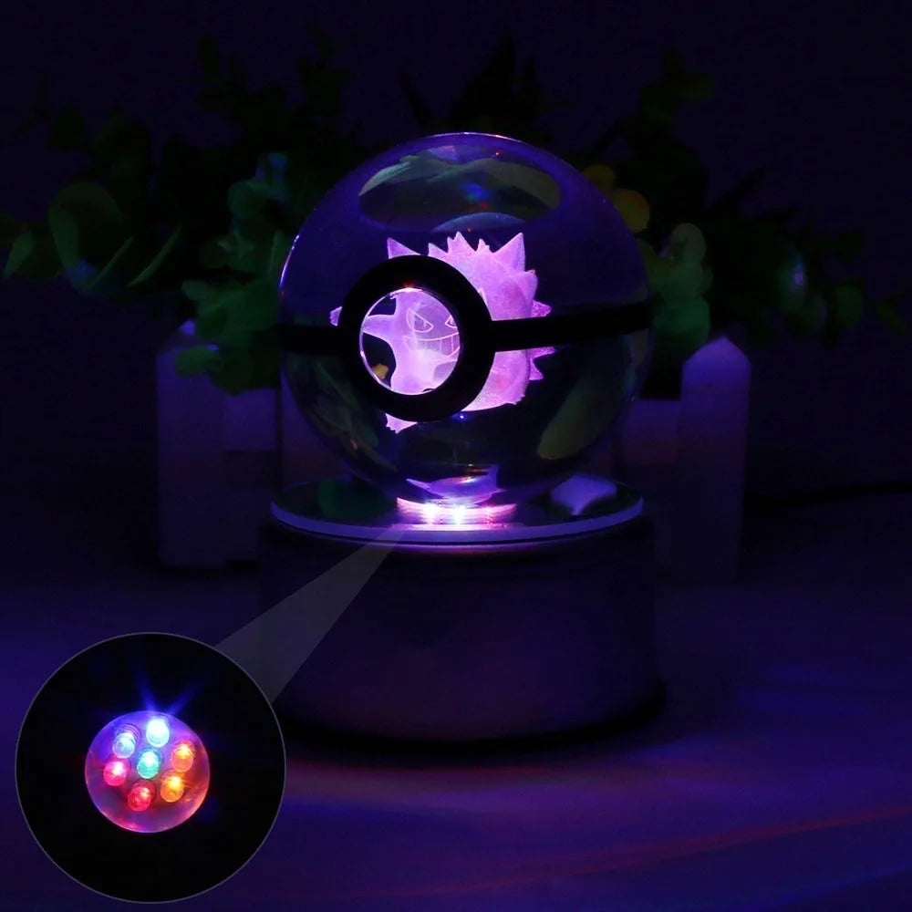 5cm Pokemon 3D Crystal Ball Pikachu Eevee Mewtwo Carving Model LED Color Light Base Children's Gift Fans Toy Birthday Gift