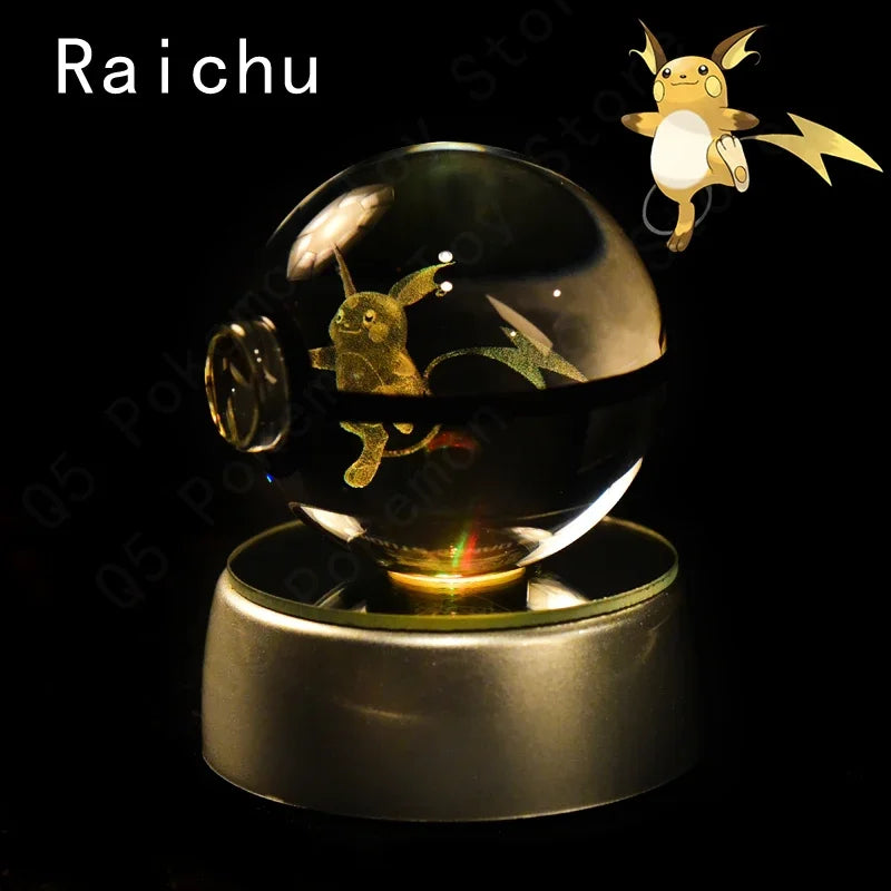 3D Pokemon Crystal Ball 7CM 5CM Mewtwo Pikachu Gengar Crystal Glass Pokemon Ball Pokeball Figure Night Light LED Lamp Base Gift