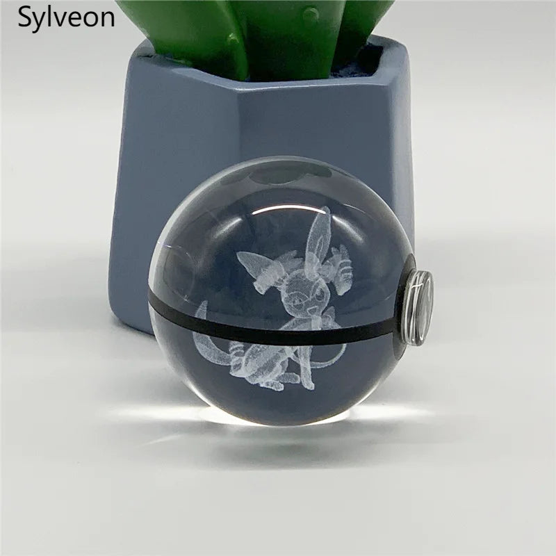 5cm Pokemon 3D Crystal Ball Pikachu Eevee Mewtwo Carving Model LED Color Light Base Children's Gift Fans Toy Birthday Gift