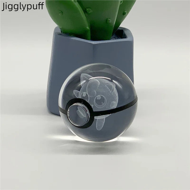 5cm Pokemon 3D Crystal Ball Pikachu Eevee Mewtwo Carving Model LED Color Light Base Children's Gift Fans Toy Birthday Gift