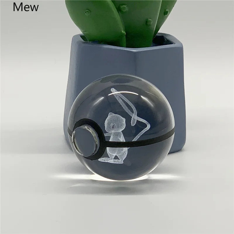 5cm Pokemon 3D Crystal Ball Pikachu Eevee Mewtwo Carving Model LED Color Light Base Children's Gift Fans Toy Birthday Gift