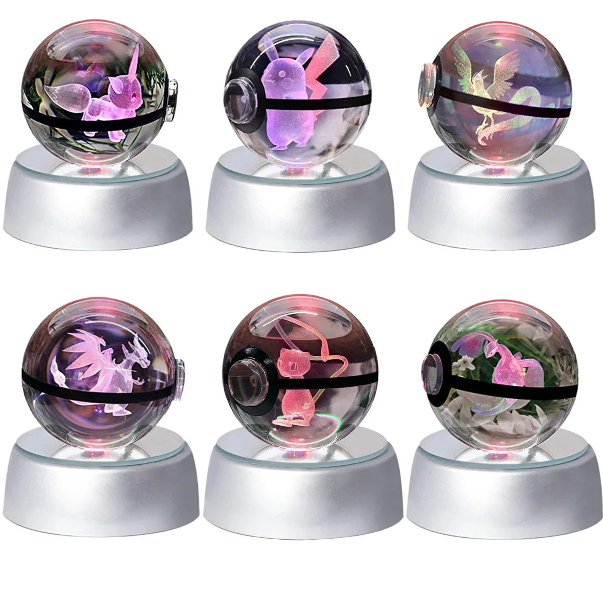 5cm Pokemon 3D Crystal Ball Pikachu Eevee Mewtwo Carving Model LED Color Light Base Children's Gift Fans Toy Birthday Gift