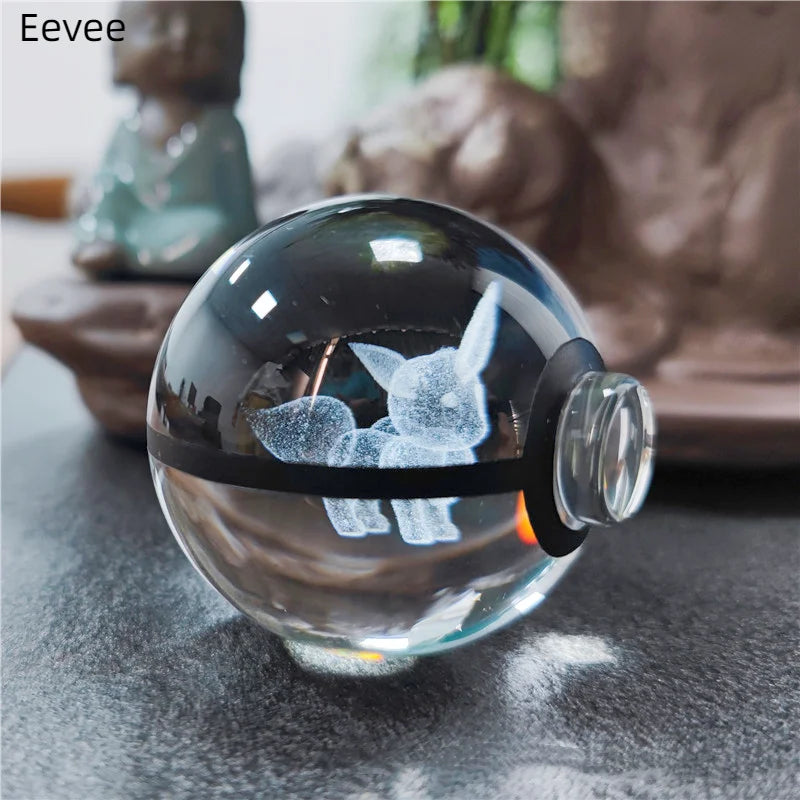 5cm Pokemon 3D Crystal Ball Pikachu Eevee Mewtwo Carving Model LED Color Light Base Children's Gift Fans Toy Birthday Gift