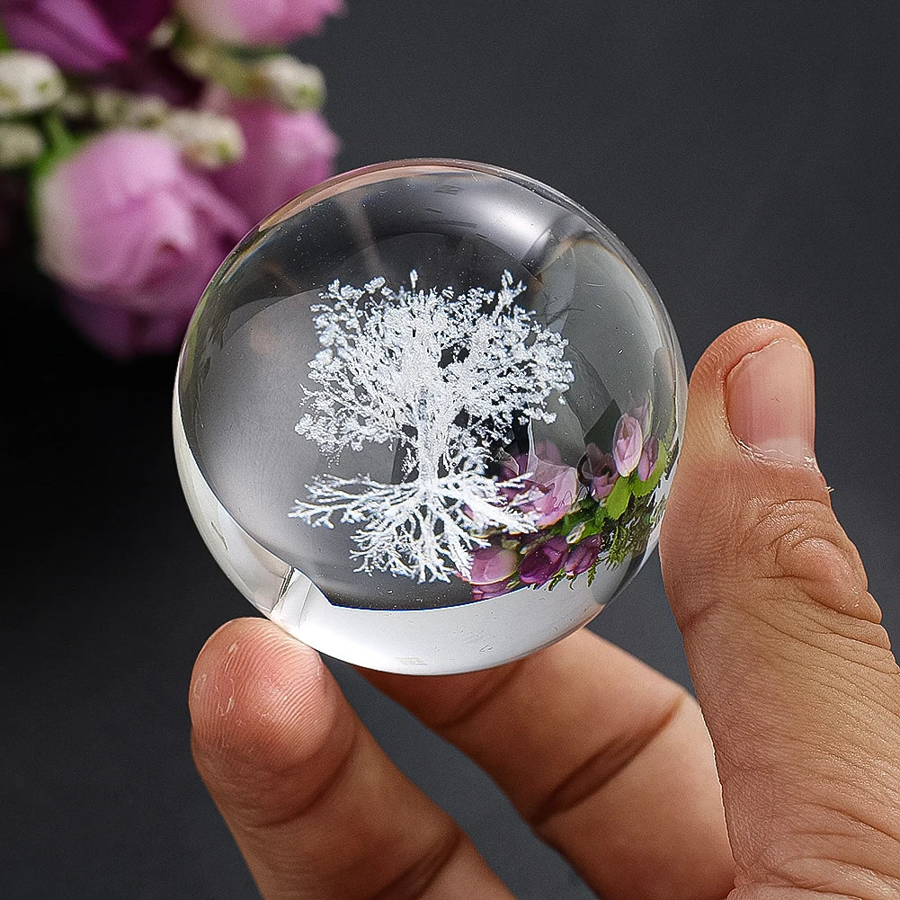 50mm Tree of Life Crystal Ball 3D Laser Engraved Paperweight Yoga Meditation Healing Glass Ball Sphere Globe Home Decor Figurine