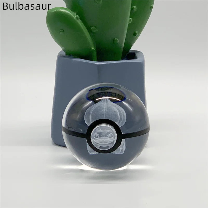 5cm Pokemon 3D Crystal Ball Pikachu Eevee Mewtwo Carving Model LED Color Light Base Children's Gift Fans Toy Birthday Gift