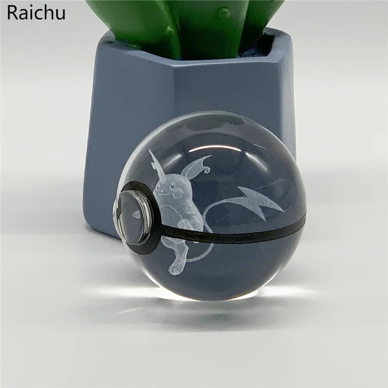 5cm Pokemon 3D Crystal Ball Pikachu Eevee Mewtwo Carving Model LED Color Light Base Children's Gift Fans Toy Birthday Gift