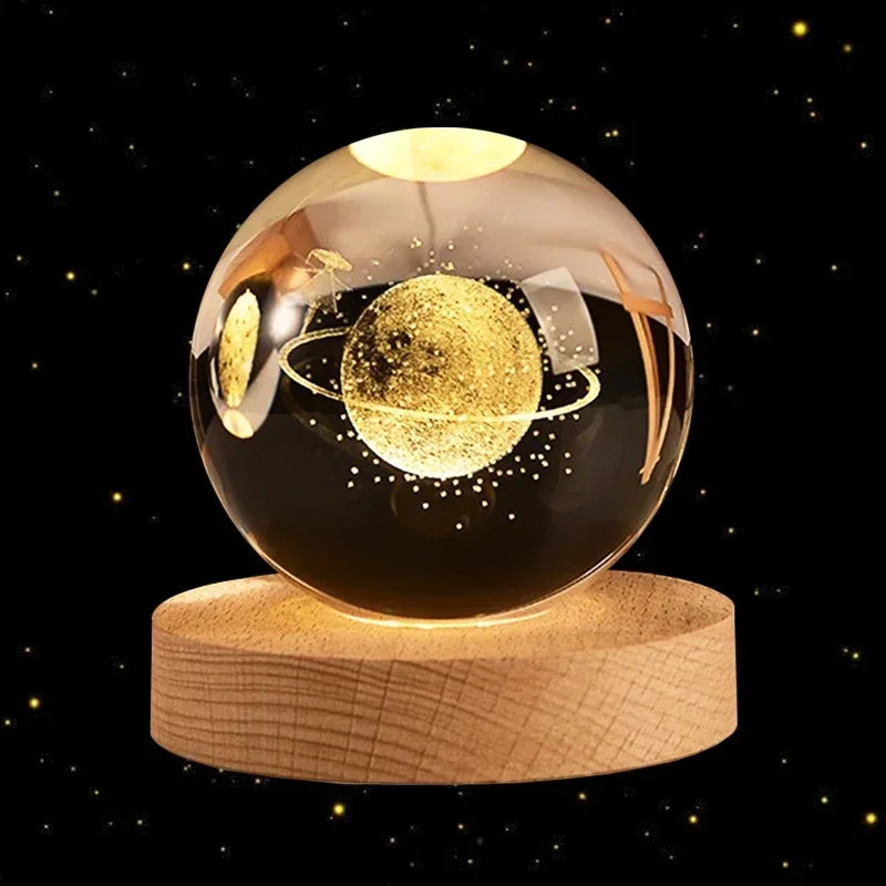 6cm 3D Crystal Ball Glass Ball Planet Earth Wooden Base Solar System Galaxy Astronomy Birthday Gift Home Desktop Decoration