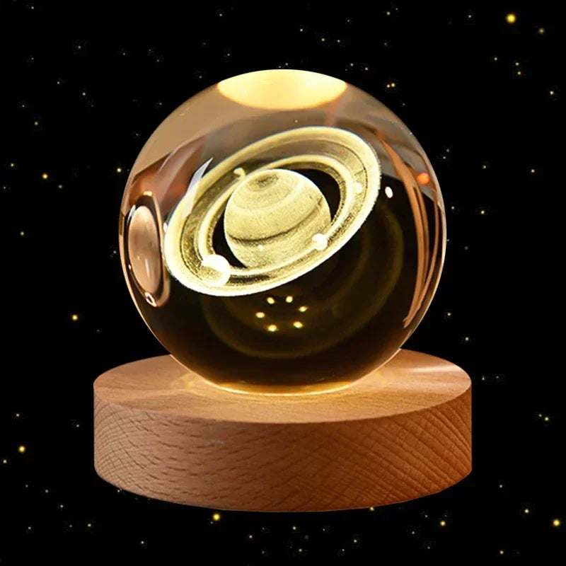 6cm 3D Crystal Ball Glass Ball Planet Earth Wooden Base Solar System Galaxy Astronomy Birthday Gift Home Desktop Decoration