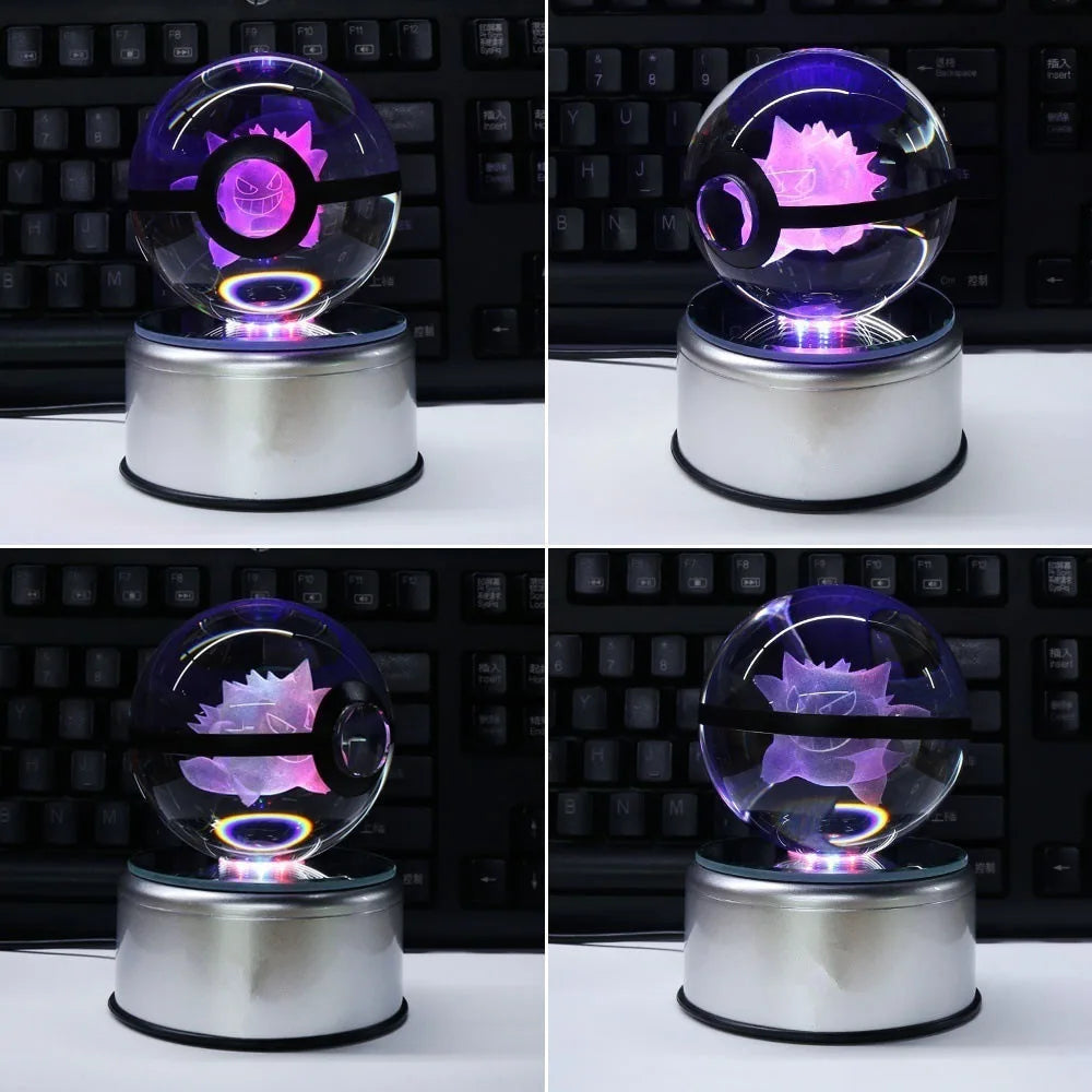 5cm Pokemon 3D Crystal Ball Pikachu Eevee Mewtwo Carving Model LED Color Light Base Children's Gift Fans Toy Birthday Gift