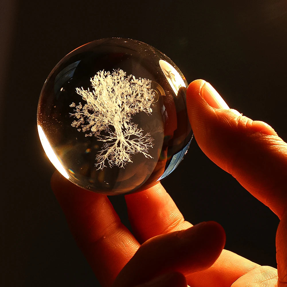 50mm Tree of Life Crystal Ball 3D Laser Engraved Paperweight Yoga Meditation Healing Glass Ball Sphere Globe Home Decor Figurine