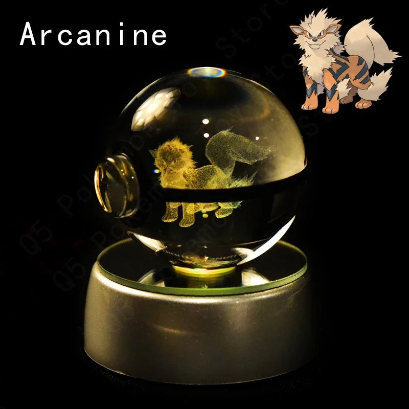 3D Pokemon Crystal Ball 7CM 5CM Mewtwo Pikachu Gengar Crystal Glass Pokemon Ball Pokeball Figure Night Light LED Lamp Base Gift